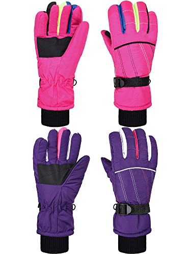 2 Pairs Kids Mittens Children Winter Snow Waterproof Thick Warm Windproof Gloves for Girls Boys (Purple and Pink Stripe Style,3-6 Years)