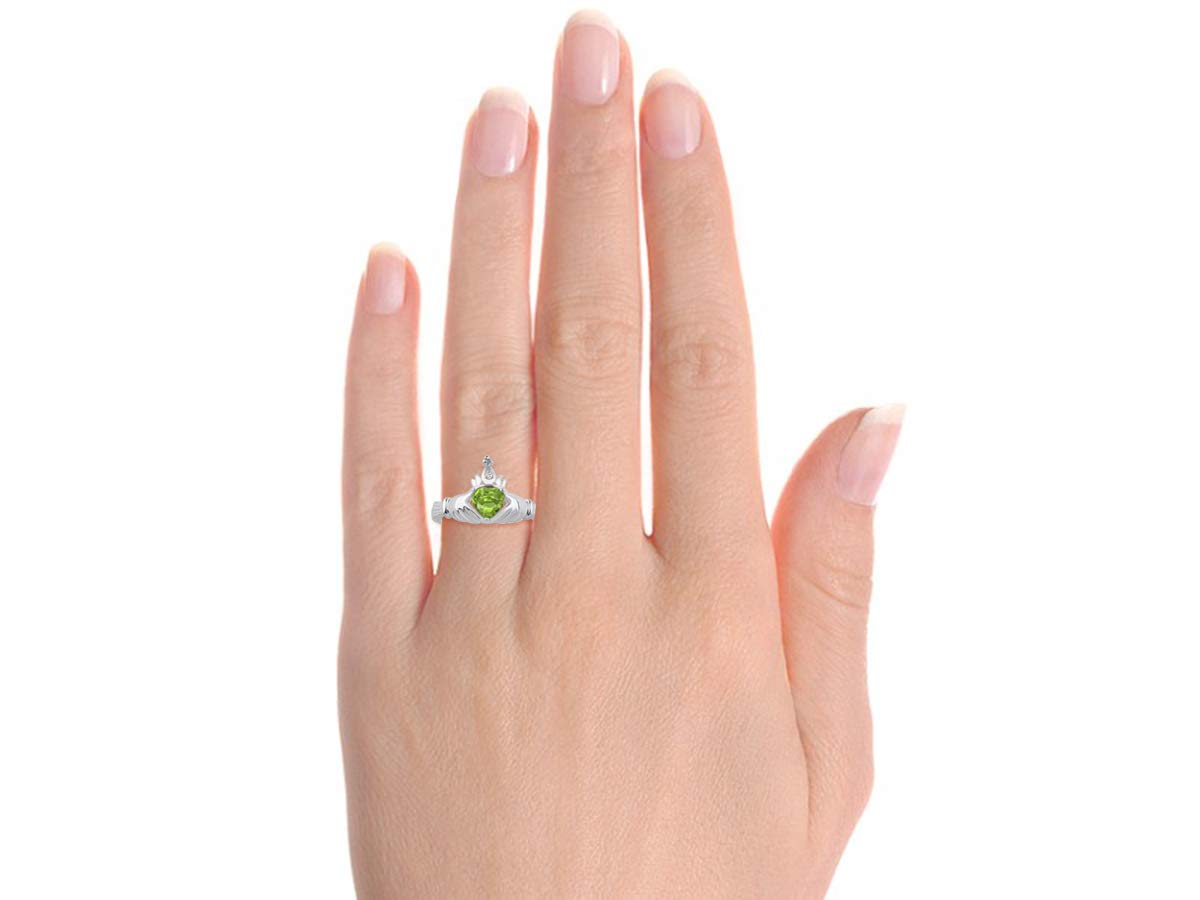 Rylos Rings Sterling Silver Claddah Love, Loyalty & Friendship Ring Heart 6MM Gemstone & Diamond Claddagh Rings August Peridot Jewelry Size 11