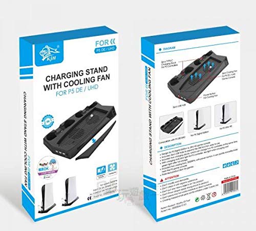 Scoutdoors Playstation 5 Charging Stand with Cooling Fan - Must Have PS5 Accessory, Charges 2 Controllers - Fan Cools Console - Game Storage, Works with Standard PS 5, Digital Edition or Ultra HD