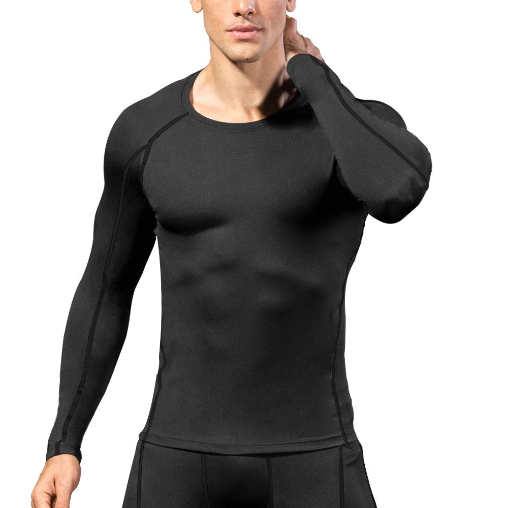 Men's Compression Shirts Long Sleeve, Base-Layer Quick Dry Workout T Shirts Sports Running Tops for Gym Black