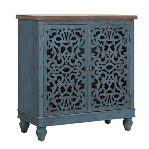 sophia & william accent cabinet with doors, distressed display storage cabinet with wooden frame and hollow-carved floral patterns for entryway living room, blue