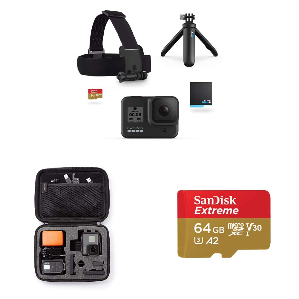 Gopro Pacchetto HERO8 Black - Include Shorty, cinghia per la Testa, batteria di riserva e scheda di Memoria da 32 GB + Kit di accessori + Custodia trasporto Small