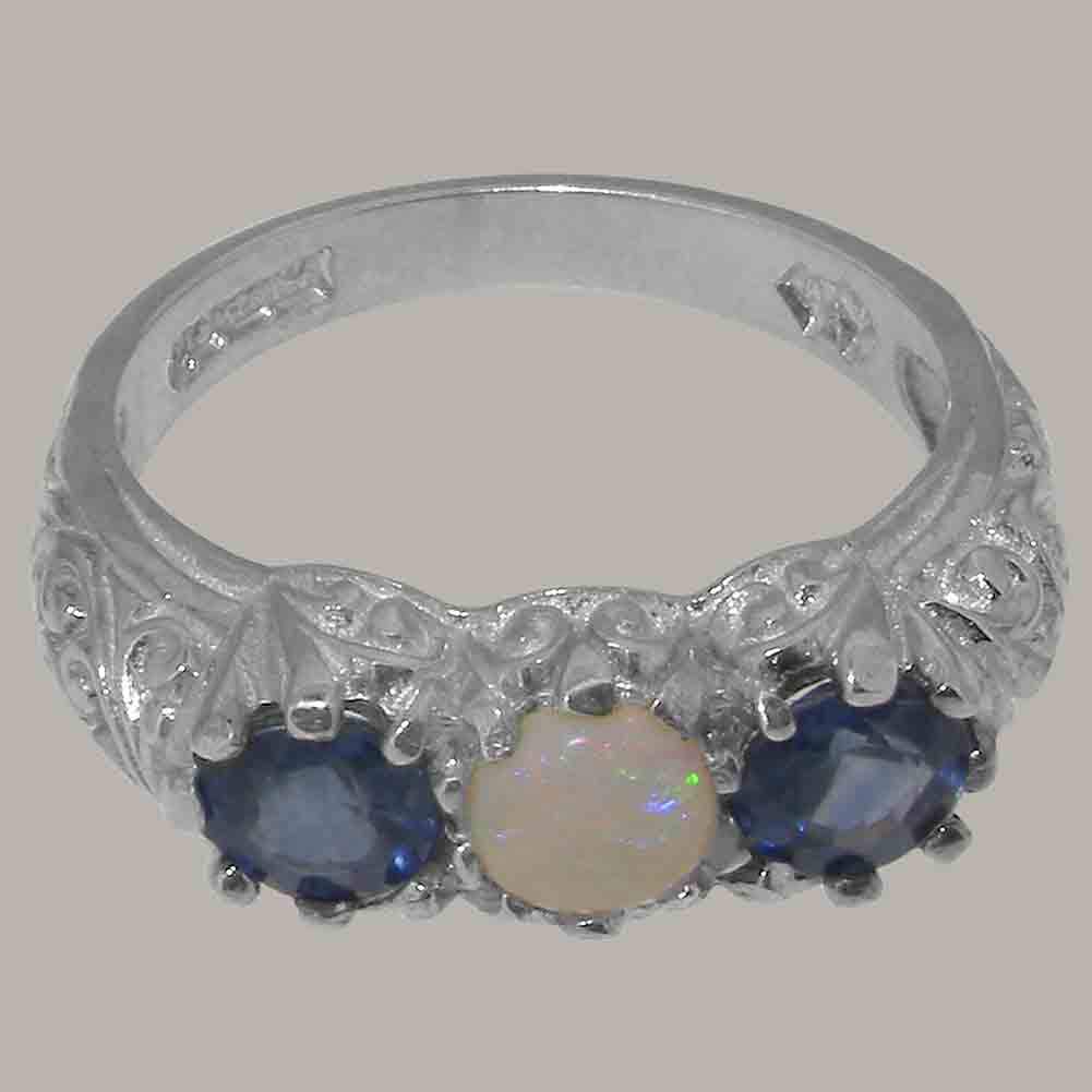 925 Sterling Silver ring with Natural Opal and Sapphire Womens Anniversary ring - Size 11.25