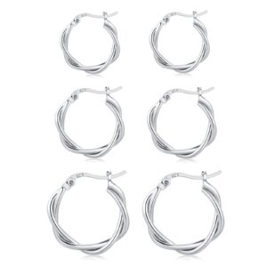 3 pairs small silver hoop earrings for women|925 sterling silver earrings|14k white gold plated small hoop earrings set| twisted silver earrings for women men 13/20/25