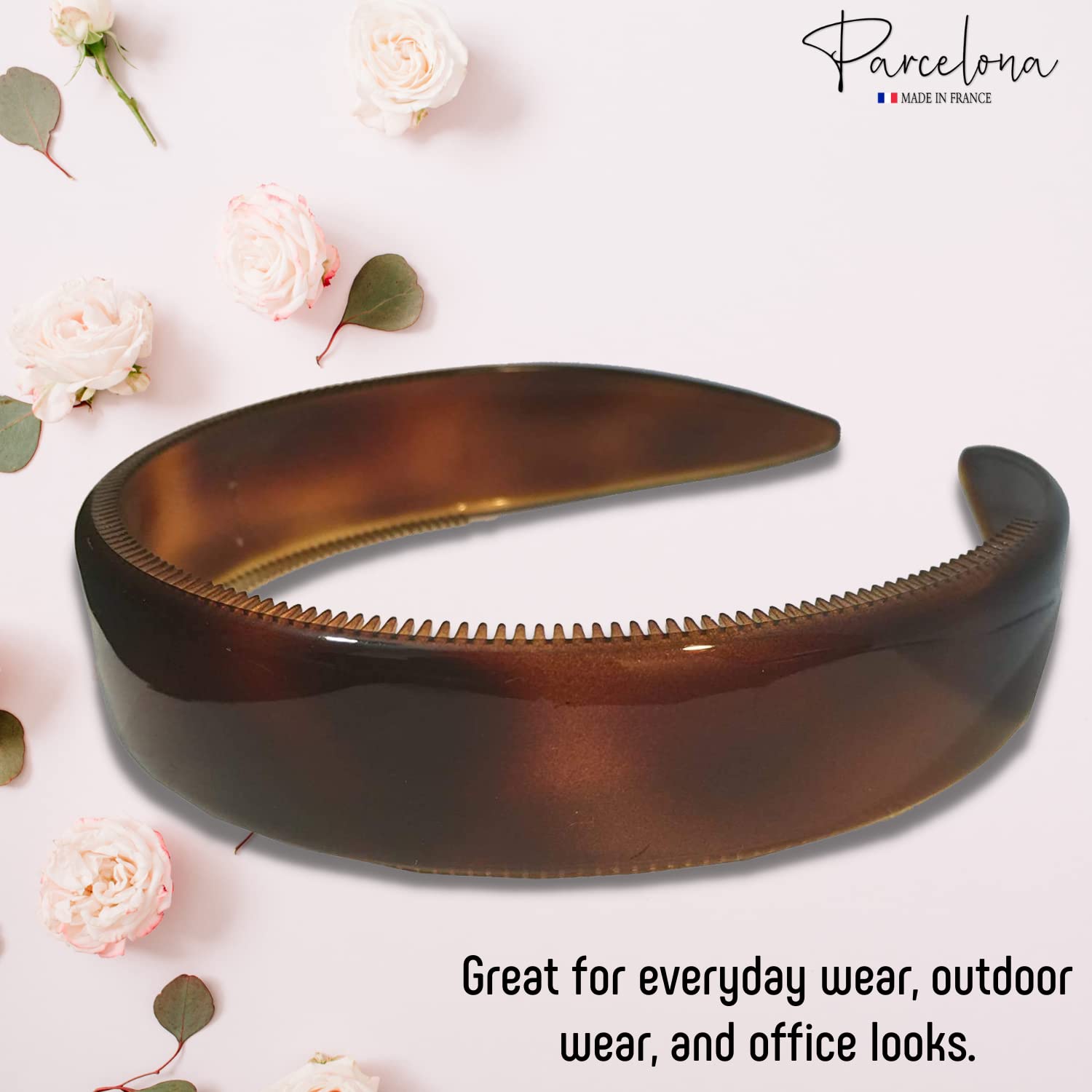 Parcelona French Extra Wide Tortoise Shell Brown Celluloid Inner Nibs Flexible Hair Headband Fashion Headband for Women Strong Hold Grip No Slip Durable Styling Girls Hair Accessories, Made in France