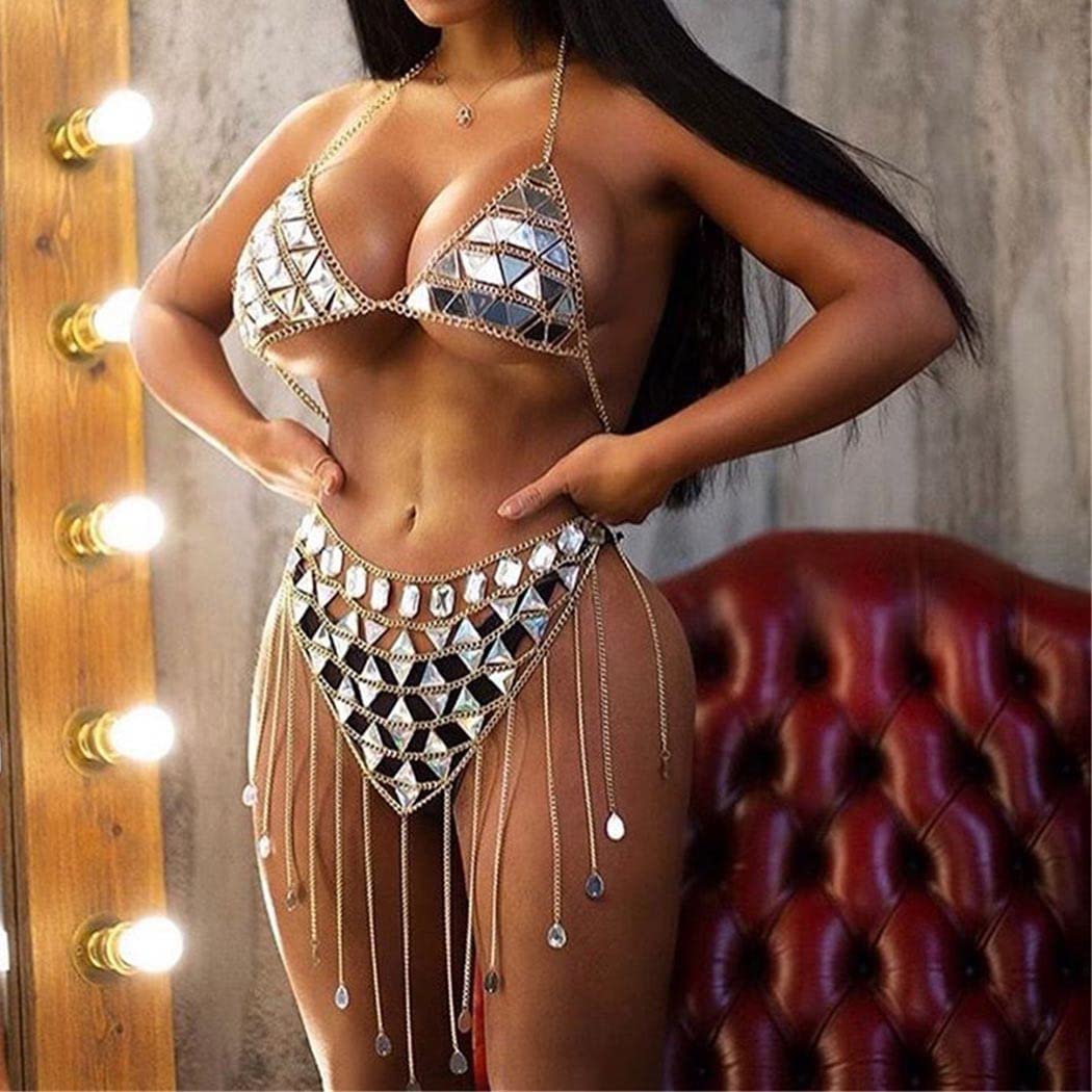 Yovic Boho Body Chain Sexy Rhinestone Waist Chain Bikini Crystal Bra Chian Rave Nightclub Party Body Accessories for Women and Girls（One Set）(Gold-3)