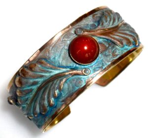 elaine coyne wearable art verdigris patina brass flowing leaves cuff bracelet with semi-precious stones