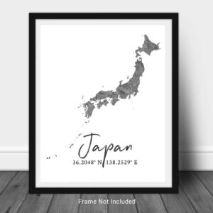 Japan Map Wall Art Print - 8x10 Silhouette Decor Print with Coordinates. Makes a Great Japanese-Themed Gift. Shades of Grey, Black & White.