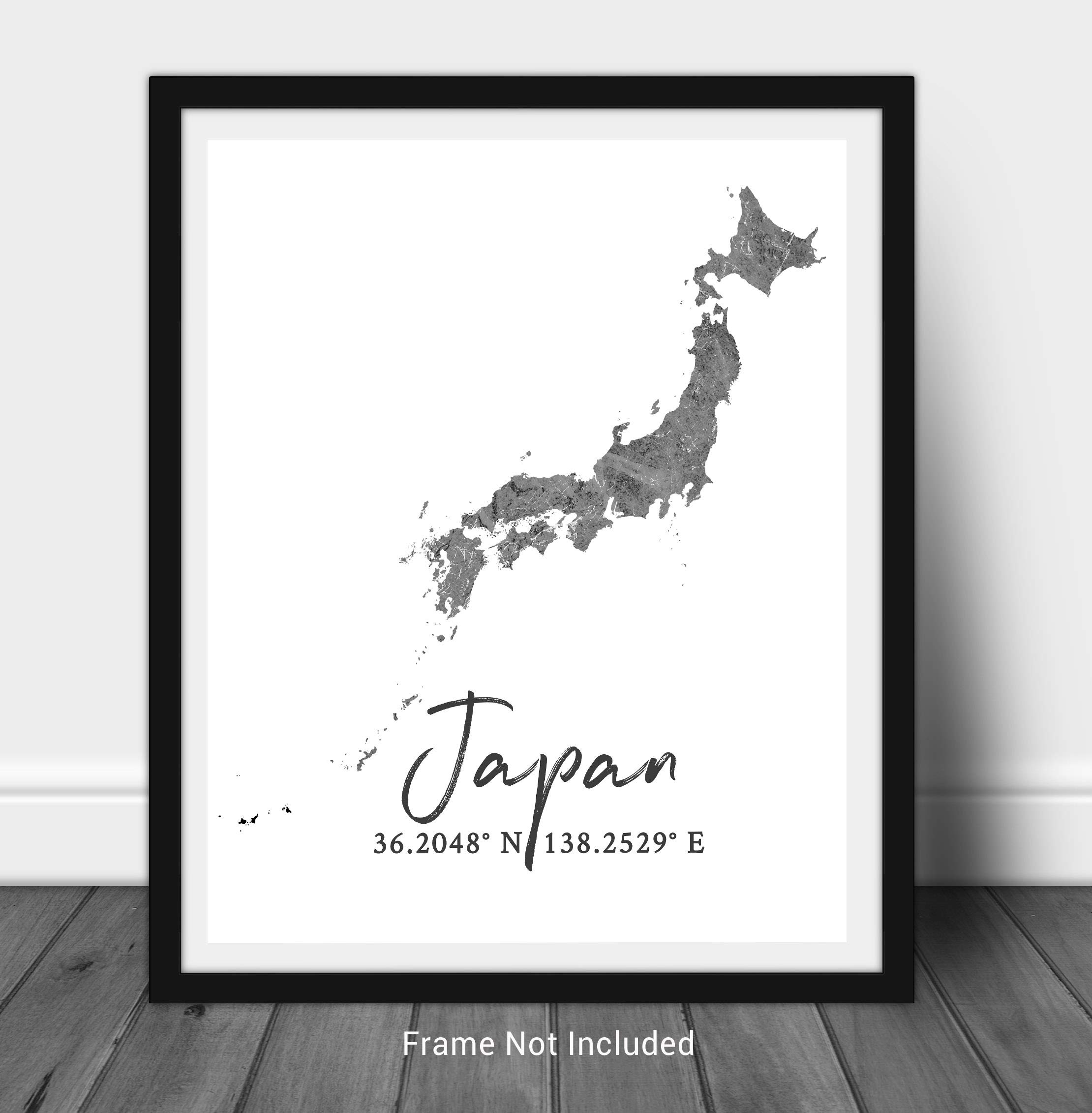 Japan Map Wall Art Print - 8x10 Silhouette Decor Print with Coordinates. Makes a Great Japanese-Themed Gift. Shades of Grey, Black & White.