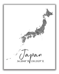 japan map wall art print - 8x10 silhouette decor print with coordinates. makes a great japanese-themed gift. shades of grey, black & white.