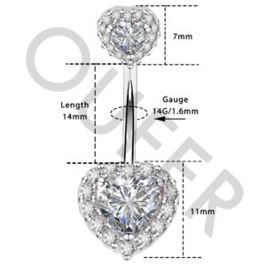 OUFER 14mm Double Heart Cubic Zirconia Navel Belly Button Ring Surgical Steel Piercing Jewelry