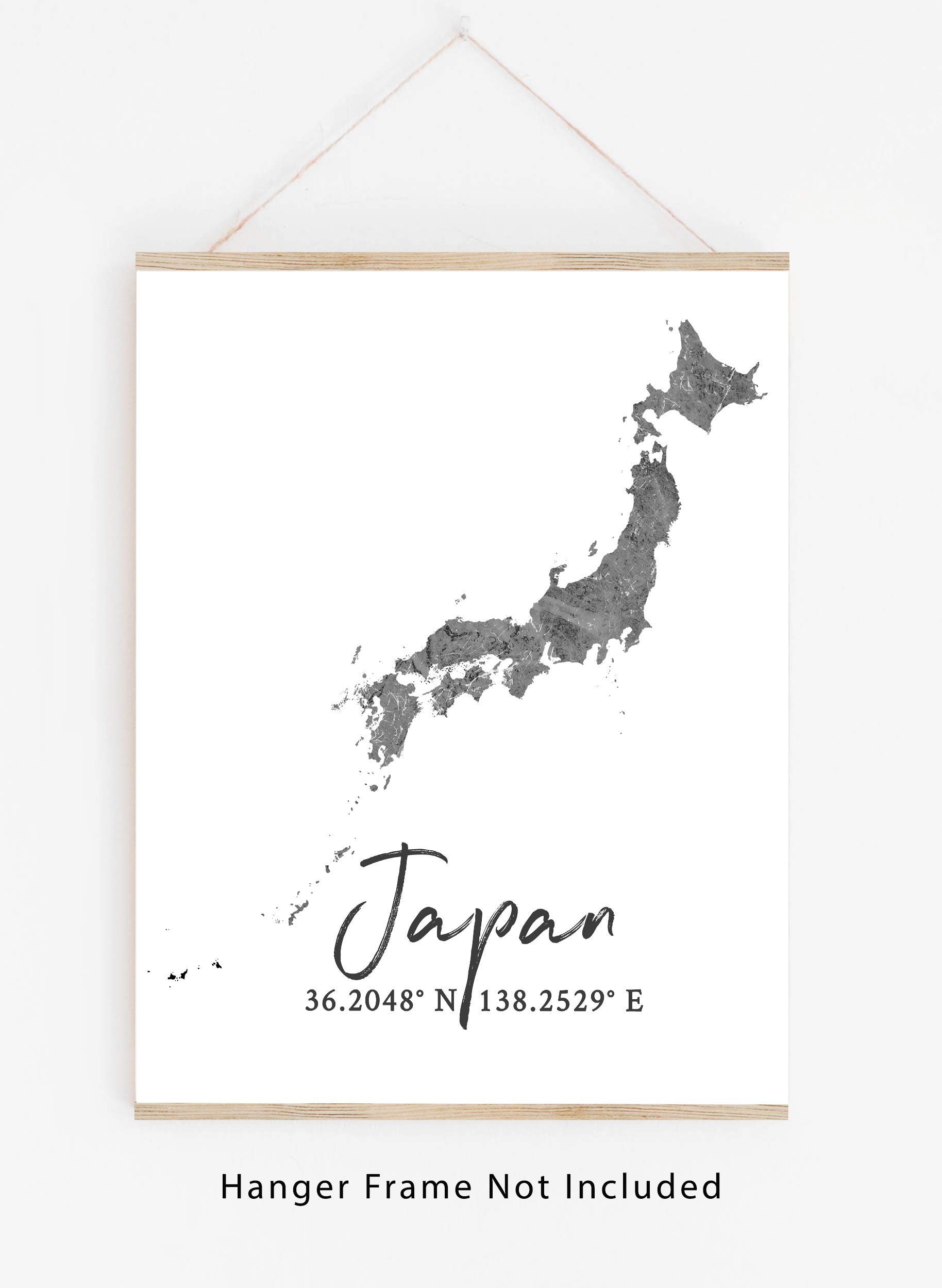 Japan Map Wall Art Print - 8x10 Silhouette Decor Print with Coordinates. Makes a Great Japanese-Themed Gift. Shades of Grey, Black & White.