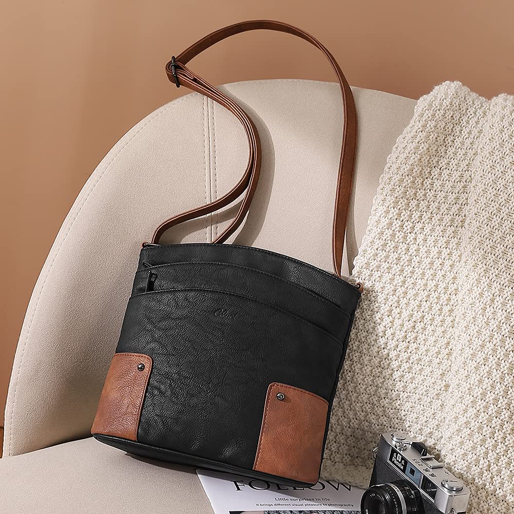 CLUCI Crossbody Bags for Women Leather Purse Travel Vacation Triple Pockets Vintage Handbags Shoulder Bags Black with Brown