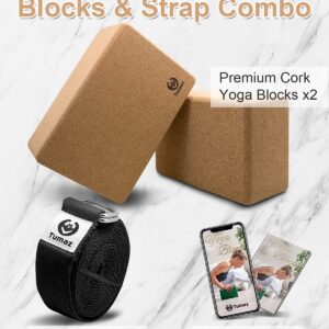 Tumaz Yoga Blocks 2 Pack with Strap Set, High Density/Lightweight EVA Foam Yoga Blocks or Non-Slip Solid Natural Cork Yoga Blocks Set & Premium Yoga Brick for All Yogi [E-Book Included]