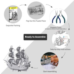 Piececool 3D Puzzle for Adults Metal Model Kits-Black Pearl Pirate Ship DIY 3D Metal Puzzles, Flying Dutchman Model Ship STEM Building Kit Puzzle Toy, Great Birthday Gift Idea-49 Pcs