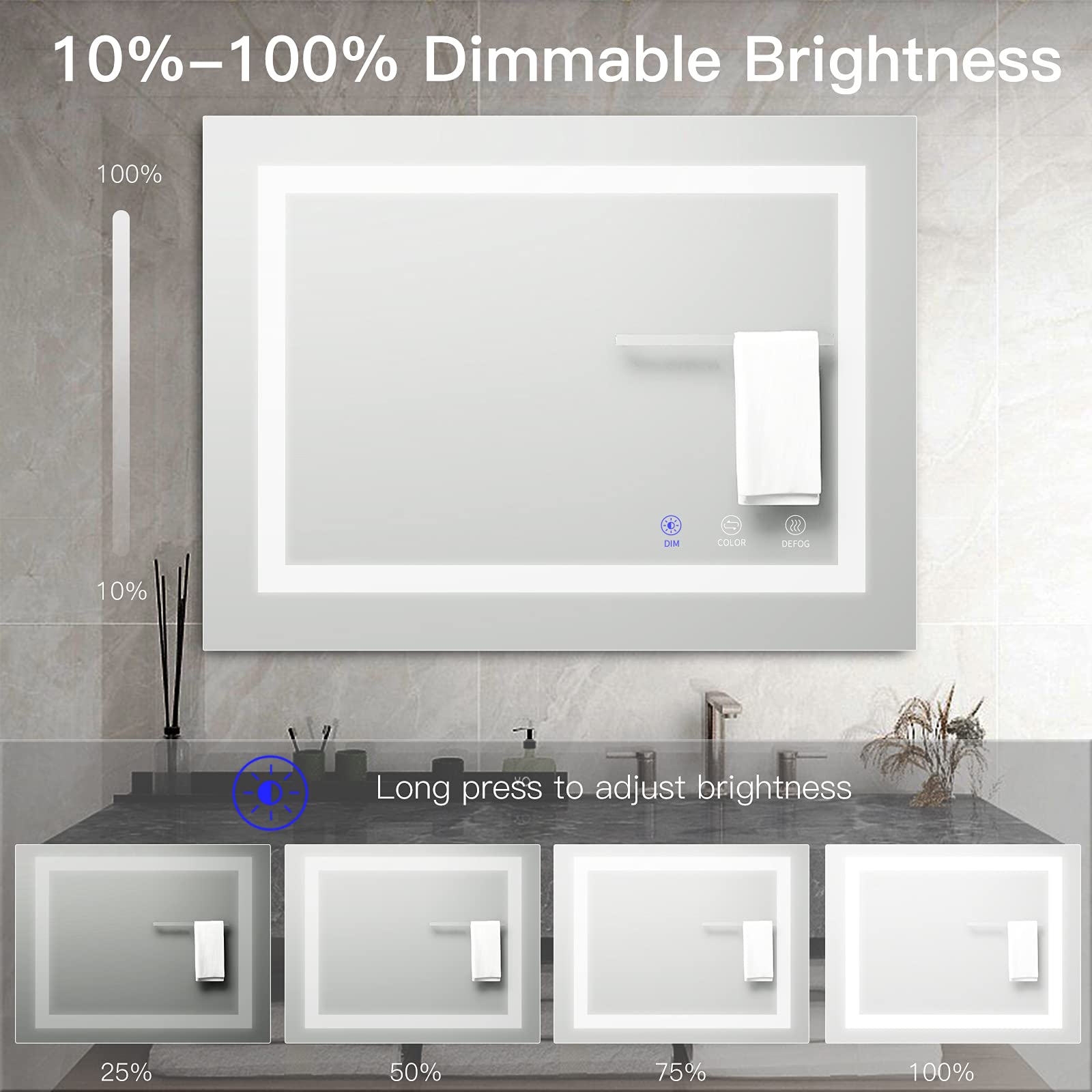 TATU LED Bathroom Mirror,36x28 Inch Bathroom Vanity Mirror Wall Mounted with 3000K-6000K Adjustable, Anti-Fog, Smart Touch Button, Stepless Dimmable Lighted Makeup Mirror, Horizontal/Vertical