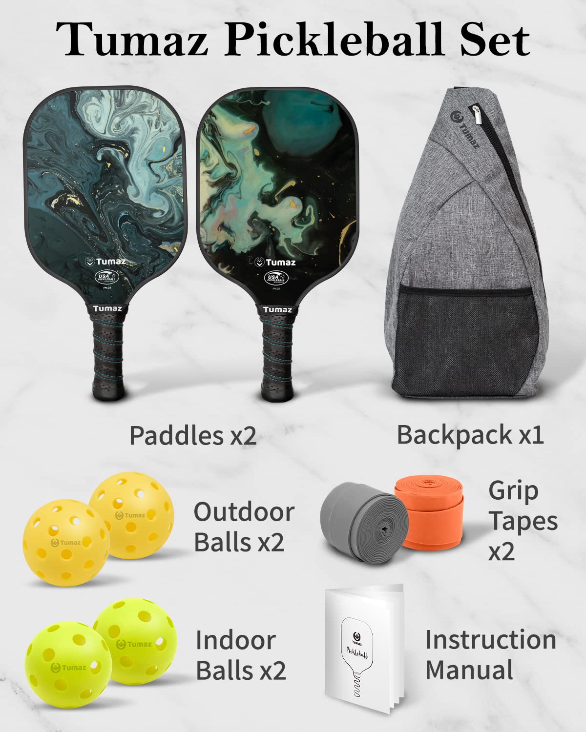 Tumaz Pickleball Paddles Set of 2, USAPA Approved Pickleball Set with Premium Honeycomb Core and Fiberglass Face Pickleball Rackets, 4 Pickle Balls, 2 Grip Tapes, and Portable Carry Bag Included