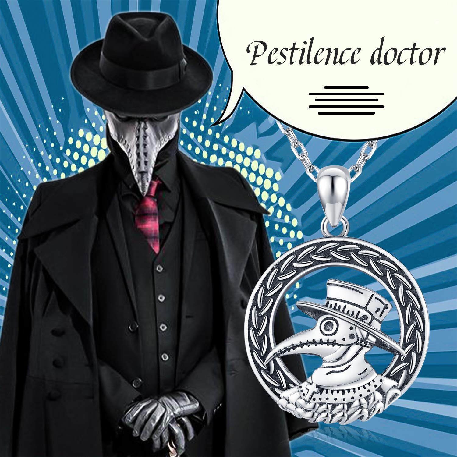 JUSTKIDSTOY Plague Doctor Necklace 925 Sterling Silver Steampunk Pendant Necklace Halloween Jewelry Gothic Gifts for Women