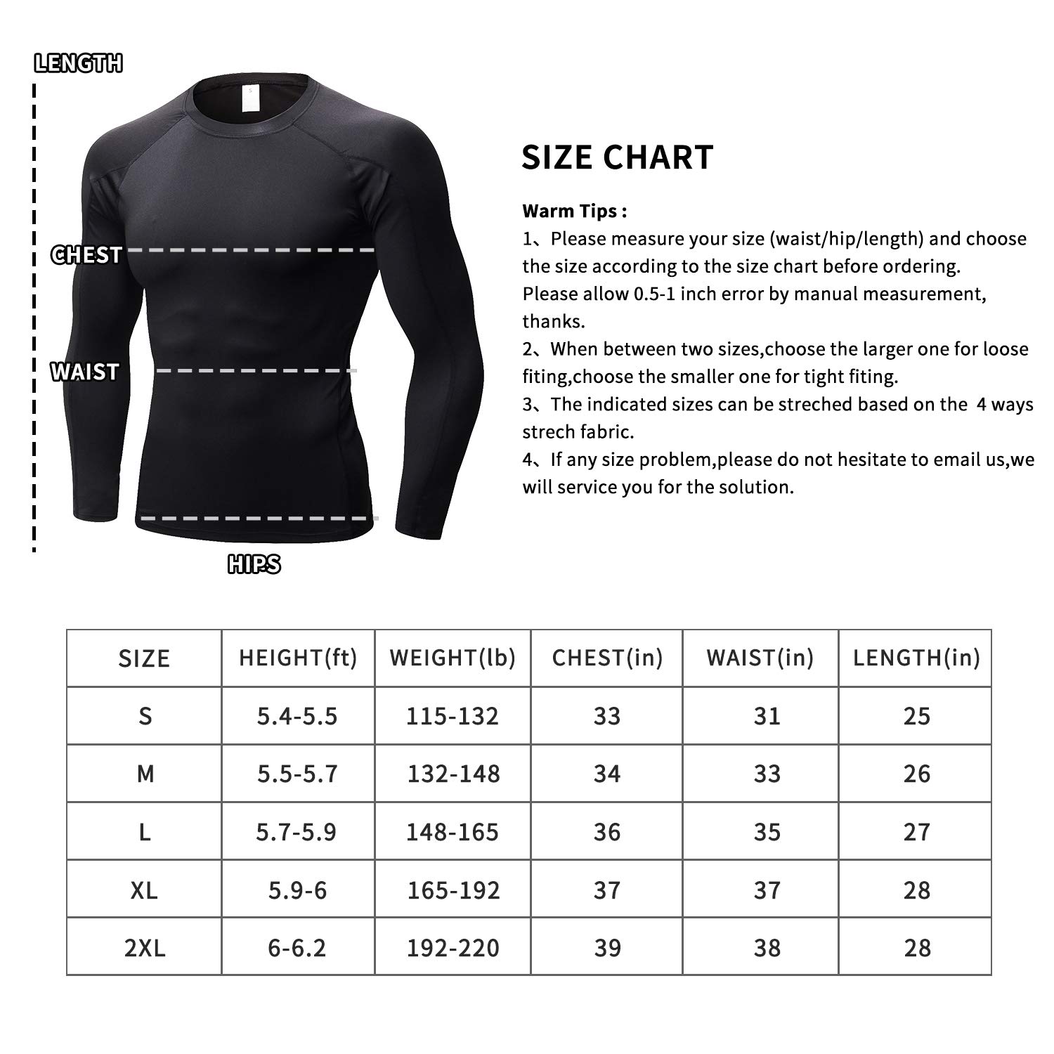 Men's Compression Shirts Long Sleeve, Base-Layer Quick Dry Workout T Shirts Sports Running Tops for Gym Black