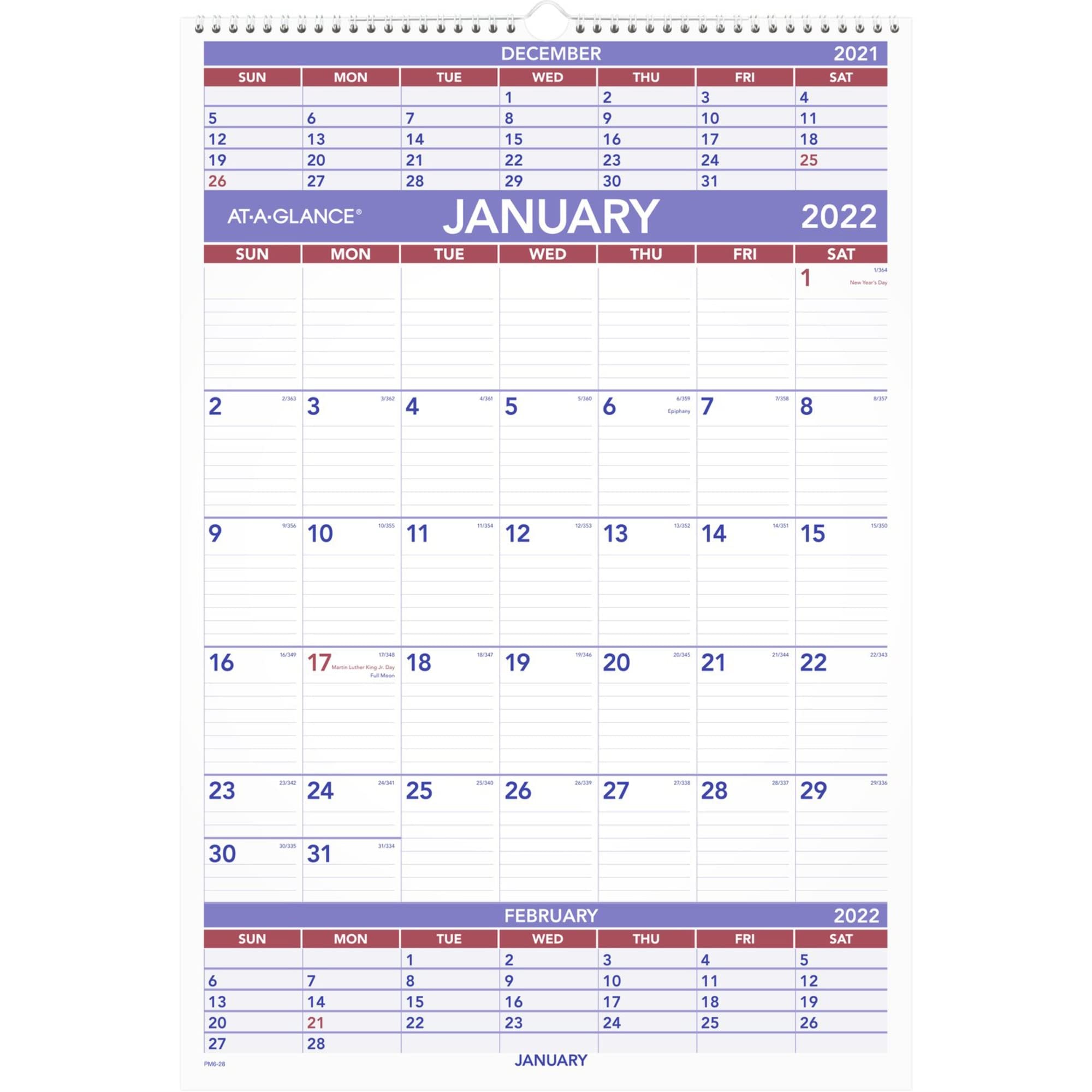 2022 Wall Calendar by AT-A-GLANCE, 15-1/2" x 22-3/4", Large, 3-Month, Wirebound (PM628)