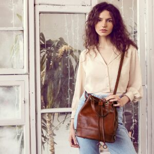 Time Resistance Leather Bucket Bag Full Grain Real Leather Tote Bag for Women