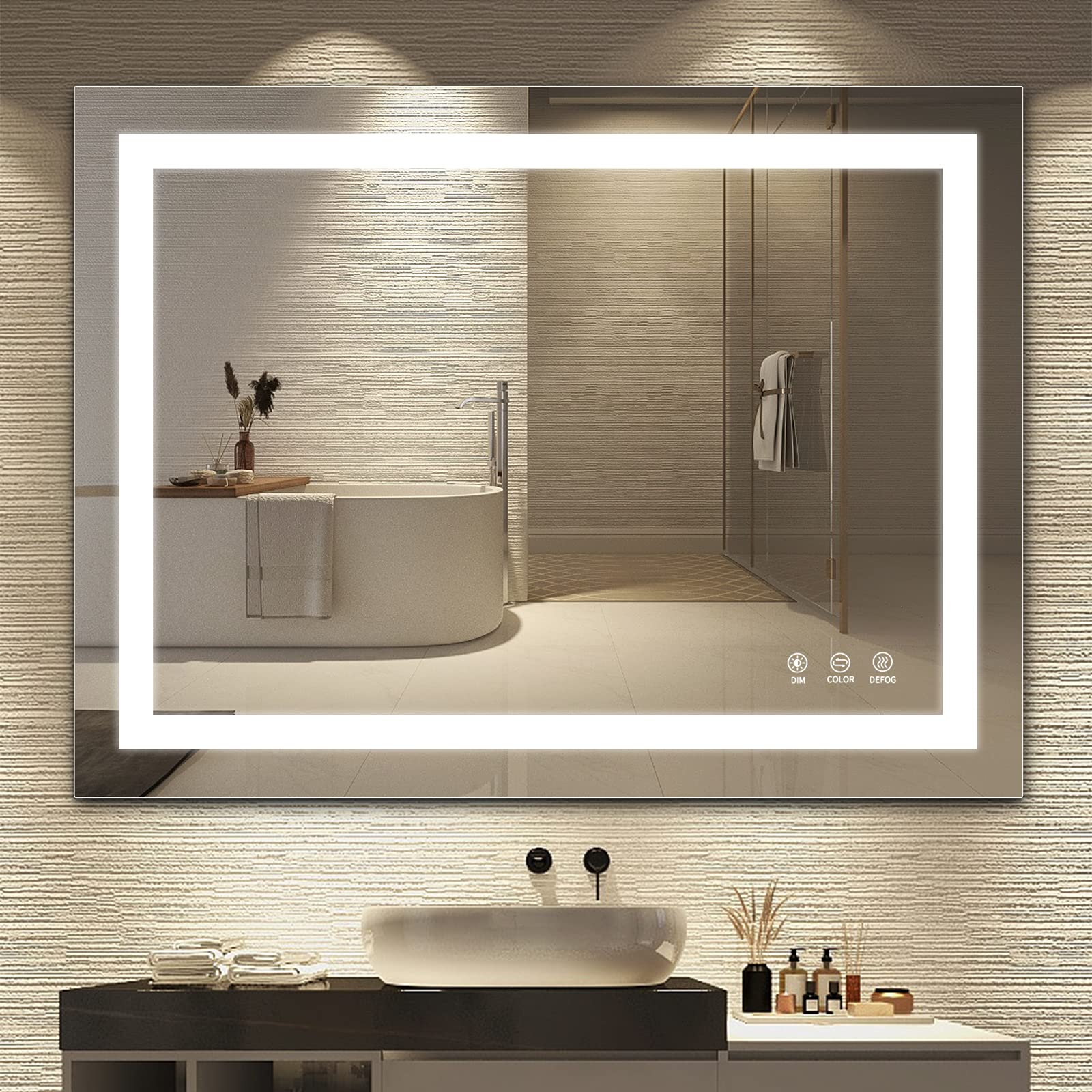 TATU LED Bathroom Mirror,36x28 Inch Bathroom Vanity Mirror Wall Mounted with 3000K-6000K Adjustable, Anti-Fog, Smart Touch Button, Stepless Dimmable Lighted Makeup Mirror, Horizontal/Vertical