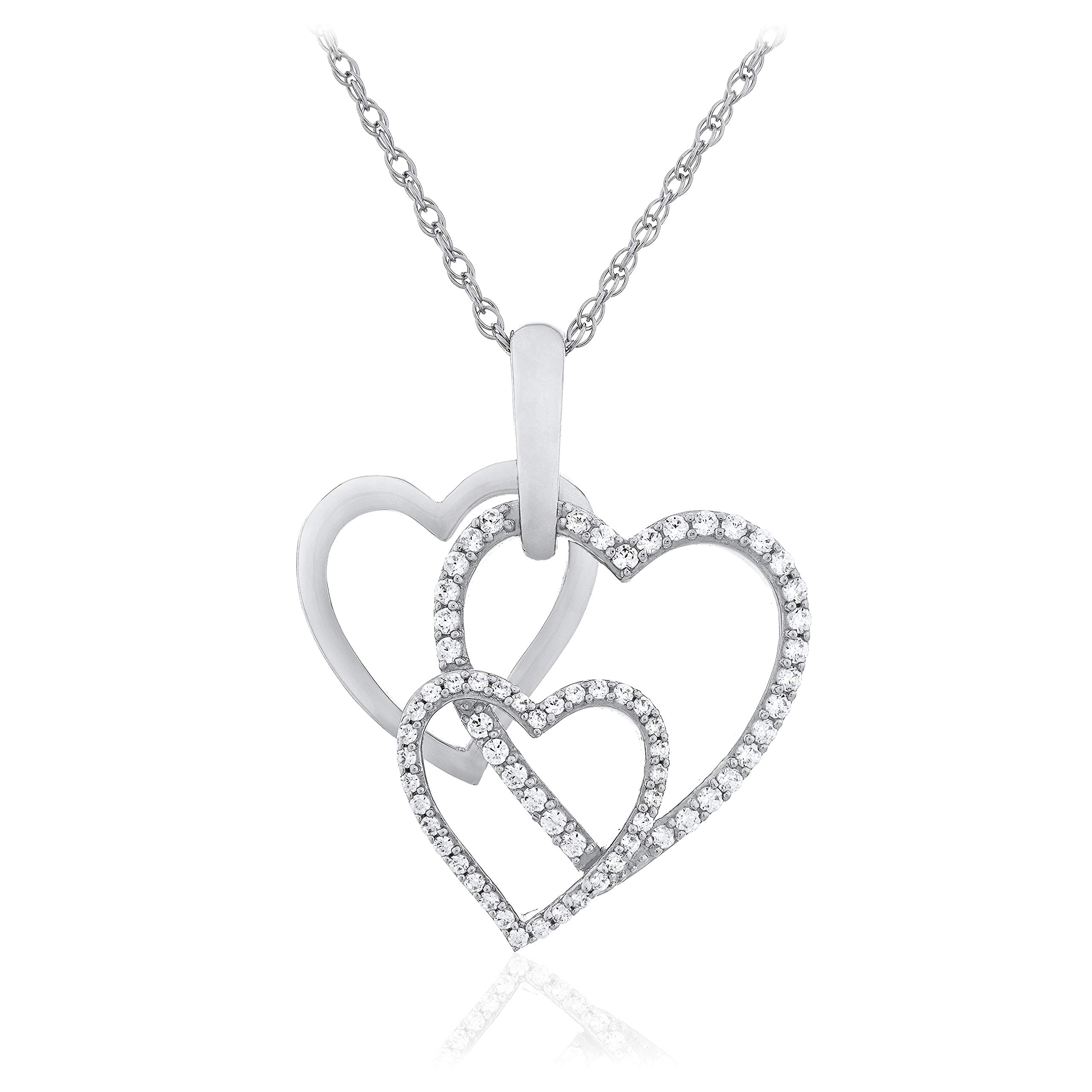 .925 Sterling Silver Round White Cubic Zirconia Three Overlapping Open Hearts Pendant Necklace with Delicate Rope Chain - 20”