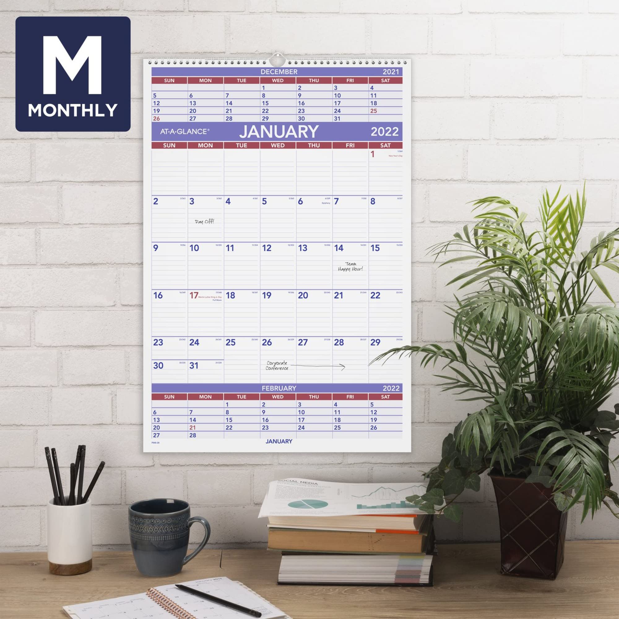 2022 Wall Calendar by AT-A-GLANCE, 15-1/2" x 22-3/4", Large, 3-Month, Wirebound (PM628)