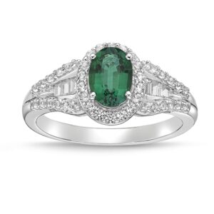 .925 Sterling Silver, Oval Cut Lab-Grown Emerald & Round + Baguette Cut Lab-Grown White Sapphire Halo Flared Band Engagement Ring - Size 7