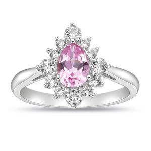 .925 Sterling Silver, Pear Cut Lab-Grown Pink Sapphire & Round Lab-Grown White Sapphire Halo Teardrop Engagement Ring - Size 8