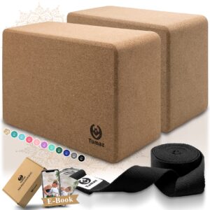 Tumaz Yoga Blocks 2 Pack with Strap Set, High Density/Lightweight EVA Foam Yoga Blocks or Non-Slip Solid Natural Cork Yoga Blocks Set & Premium Yoga Brick for All Yogi [E-Book Included]