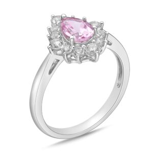 .925 Sterling Silver, Pear Cut Lab-Grown Pink Sapphire & Round Lab-Grown White Sapphire Halo Teardrop Engagement Ring - Size 8