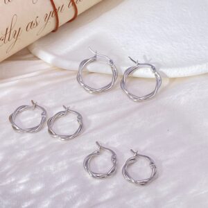 3 Pairs Small Silver Hoop Earrings for Women|925 Sterling Silver earrings|14K White Gold Plated Small Hoop Earrings Set| Twisted Silver Earrings for Women Men 13/20/25