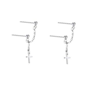 chain cross two holes tiny ball stud earrings for women dainty 925 sterling silver small cute threader tassel cartilage drop dangle double piercing hypoallergenic gifts for bff daughter