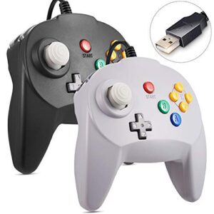 kiwitata 2 pack n64 controller, classic mini n64 wired usb 64-bit upgraded joystick game pad joypad controller for windows pc/mac black & gray