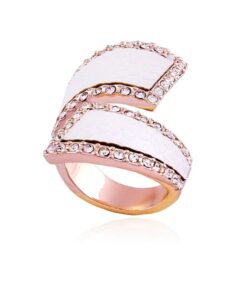 guess rose-gold-tone stone framed bypass band with white faux python inlay ring