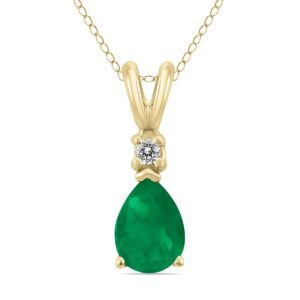 14k yellow gold 6x4mm pear emerald and diamond pendant