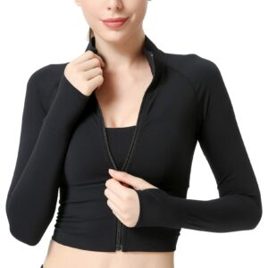 seaur casual basic gym jackets coat for women jogging turtleneck stretch crop top with thumb holes sun protection fitness training exercise outerwear activewear black