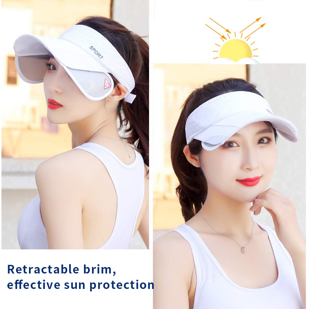 Summer Sun Visor Hat - Women Adjustable Golf Cap with Retractable Brim, UV Protection Beach/Tennis Sport Hat (White)