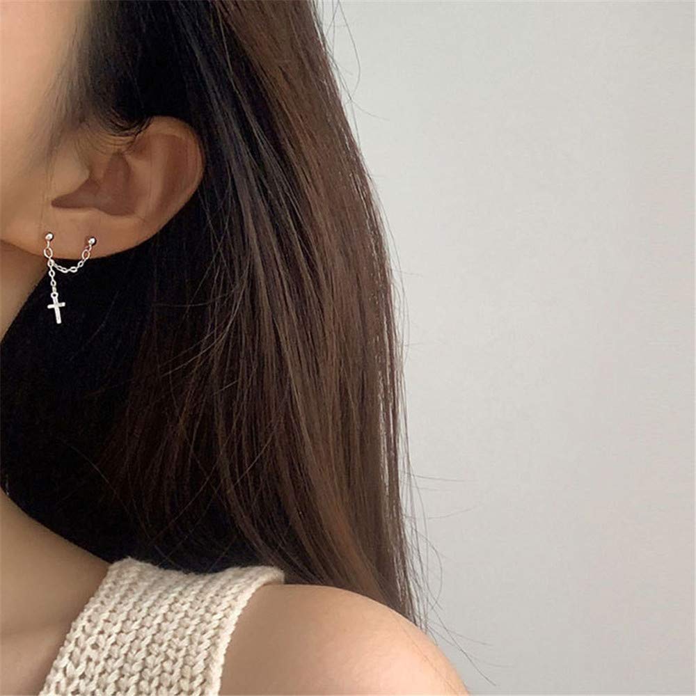 Chain Cross Two Holes Tiny Ball Stud Earrings for Women Dainty 925 Sterling Silver Small Cute Threader Tassel Cartilage Drop Dangle Double Piercing Hypoallergenic Gifts for Bff Daughter