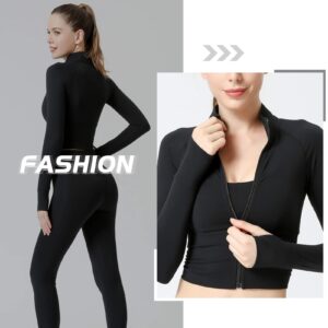 SEAUR Casual Basic Gym Jackets Coat for Women Jogging Turtleneck Stretch Crop Top with Thumb Holes Sun Protection Fitness Training Exercise Outerwear Activewear Black