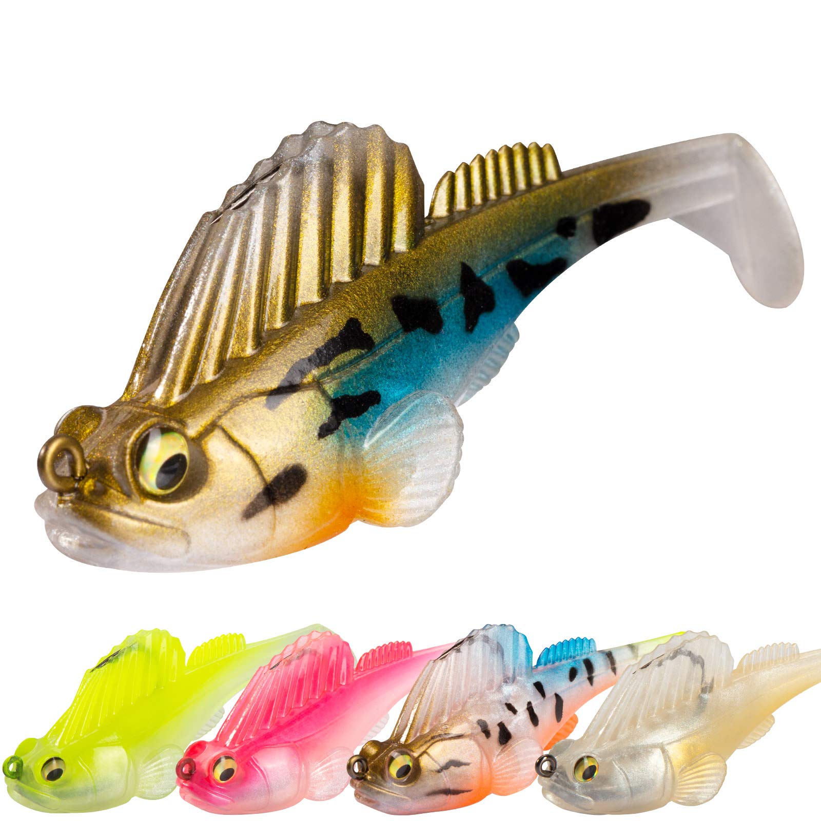 Basskiller 5pcs Fishing Lures Saltwater, Bass Fishing Lures, Fin Guarded Hook Bluegill Swimbait, Enticing Action Soft Plastic Swimbaits for Muskie Walleye, Fishing Bait Freshwater with Soft Tail