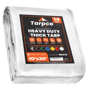 tarpco safety extra heavy duty 14 mil tarp cover, waterproof, uv resistant, rip and tear proof, poly tarpaulin with reinforced edges for roof, camping, patio, pool, boat (white 10′ x 20′)