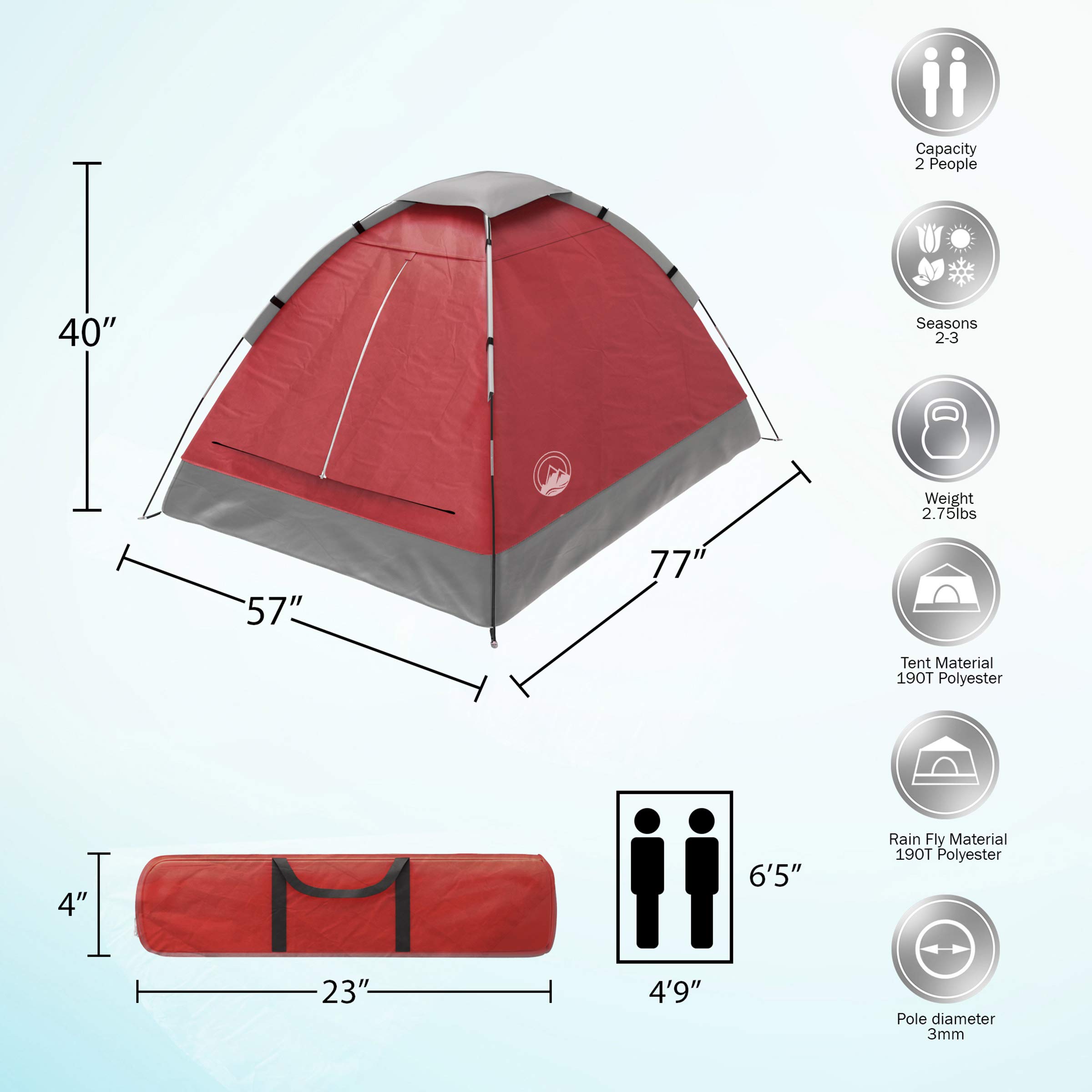 2 Person Camping Tent with Rain Fly and Carrying Bag - Lightweight Outdoor Tent for Backpacking, Hiking, or Beach Use by Wakeman Outdoors (Red)