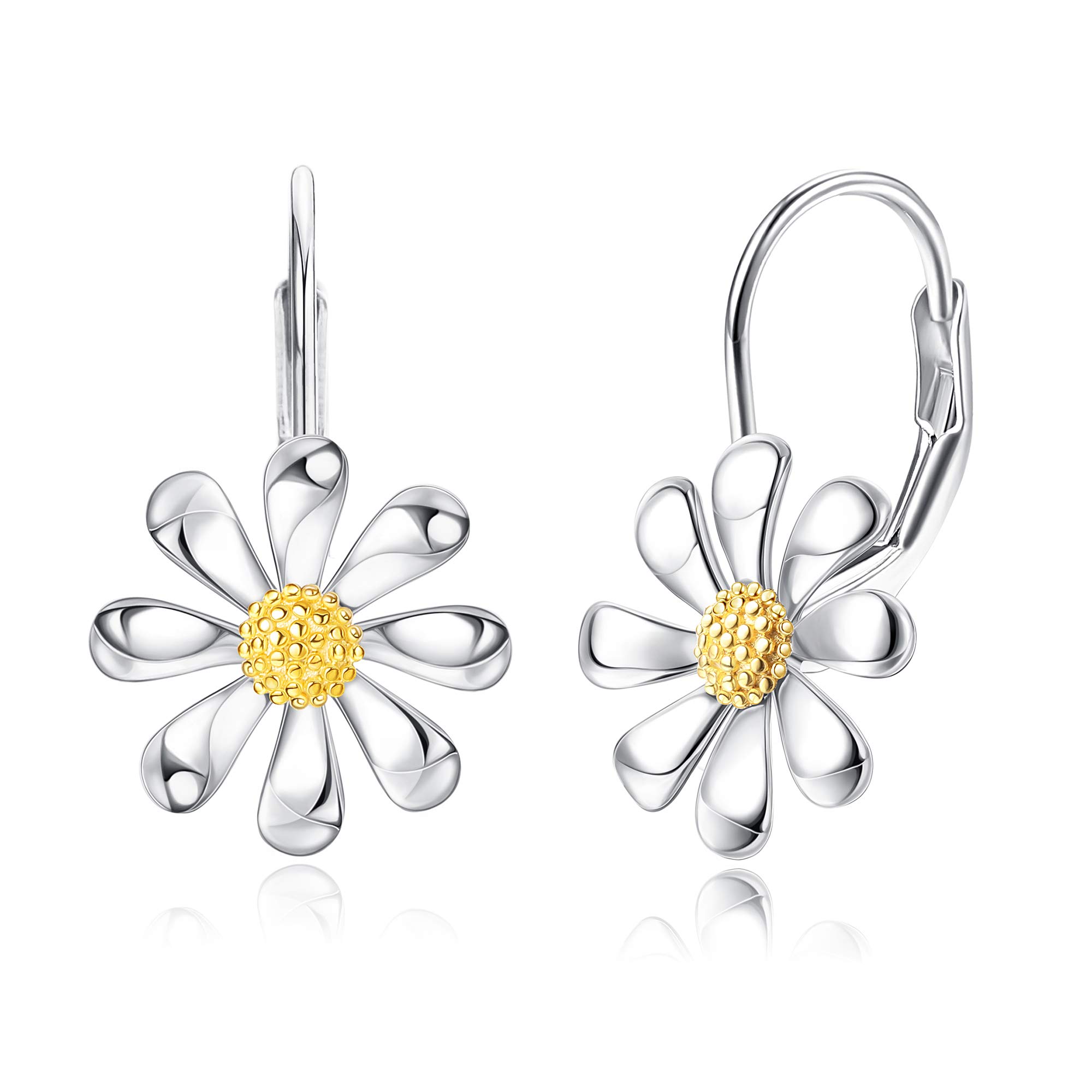 MILACOLATO 925 Sterling Silver Daisy Earrings 18K White Gold Plated Leverback Earrings Dainty Daisy Flower Drop Dangle Earrings Hypoallergenic Daisy Flower Jewelry Gifts for Women for Sensitive Ears-1