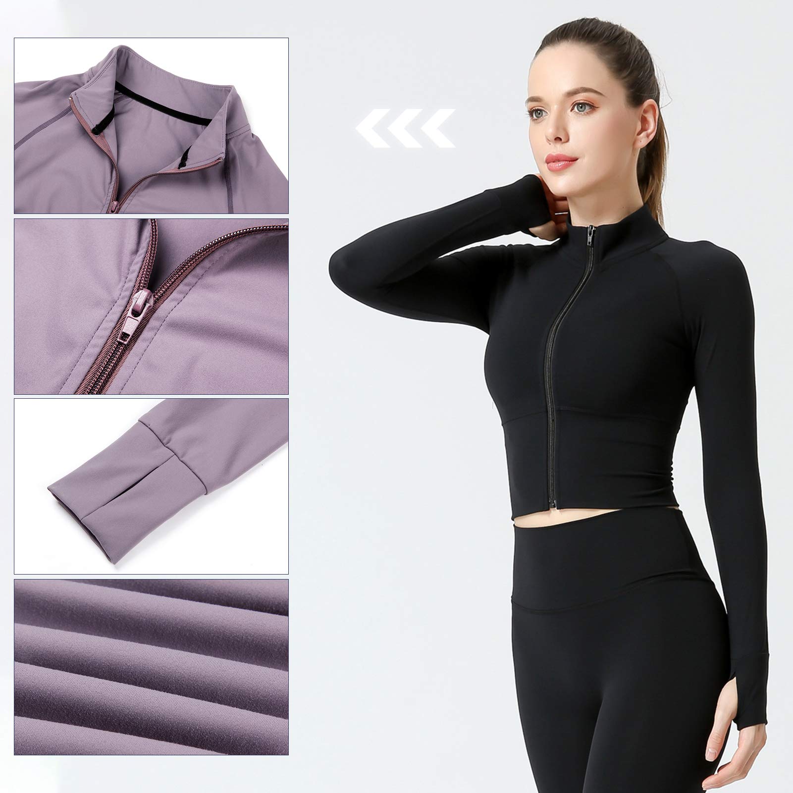 Women's Naked Felling Full Zip Running Jacket Track Workout Yoga Crop Top Lightweight Long Sleeve Soft Sweatshirt Outerwear Activewear Black