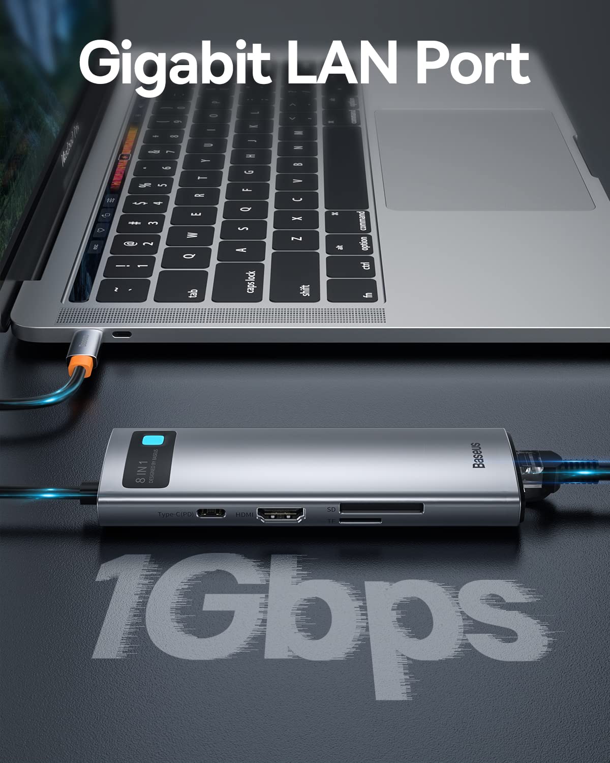 Baseus 8-in-1 USB C Hub Docking Station, USB C Adapter with 4K HDMI, 3 USB 3.0, TF/SD Reader, Ethernet, 100W Power Delivery Compatible with MacBook, Surface, iPad, Steam Deck or Other Type C Devices