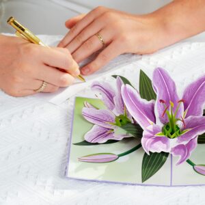 Paper Love 3D Purple Lilies Pop Up Card, Gift for Birthday, Wedding, Anniversary, Thank You, Get Well, All Occasion or Just Because - 5" x 7" Cover - Includes Envelope and Note Tag