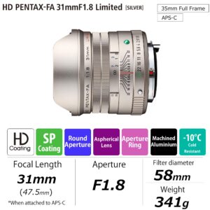 Pentax HD 31mmF1.8 Limited Silver Limited Lens Wide-Angle Prime Lens [F1.8 Large Aperture Lens] [High-Performance HD Coating] [SP Coating] [Round-Shaped Diaphragm] [Machined Aluminum Body ] (20220)