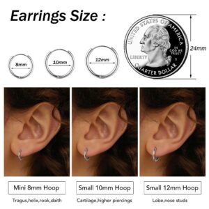 Milacolato 925 Sterling Silver Small Hoop Earring for Women Men 14K White Gold Plated Huggie Hoop Earrings Hypoallergenic Cartilage Helix Piercing Sleeper Hoop Earrings for Sensitive Ears 8mm